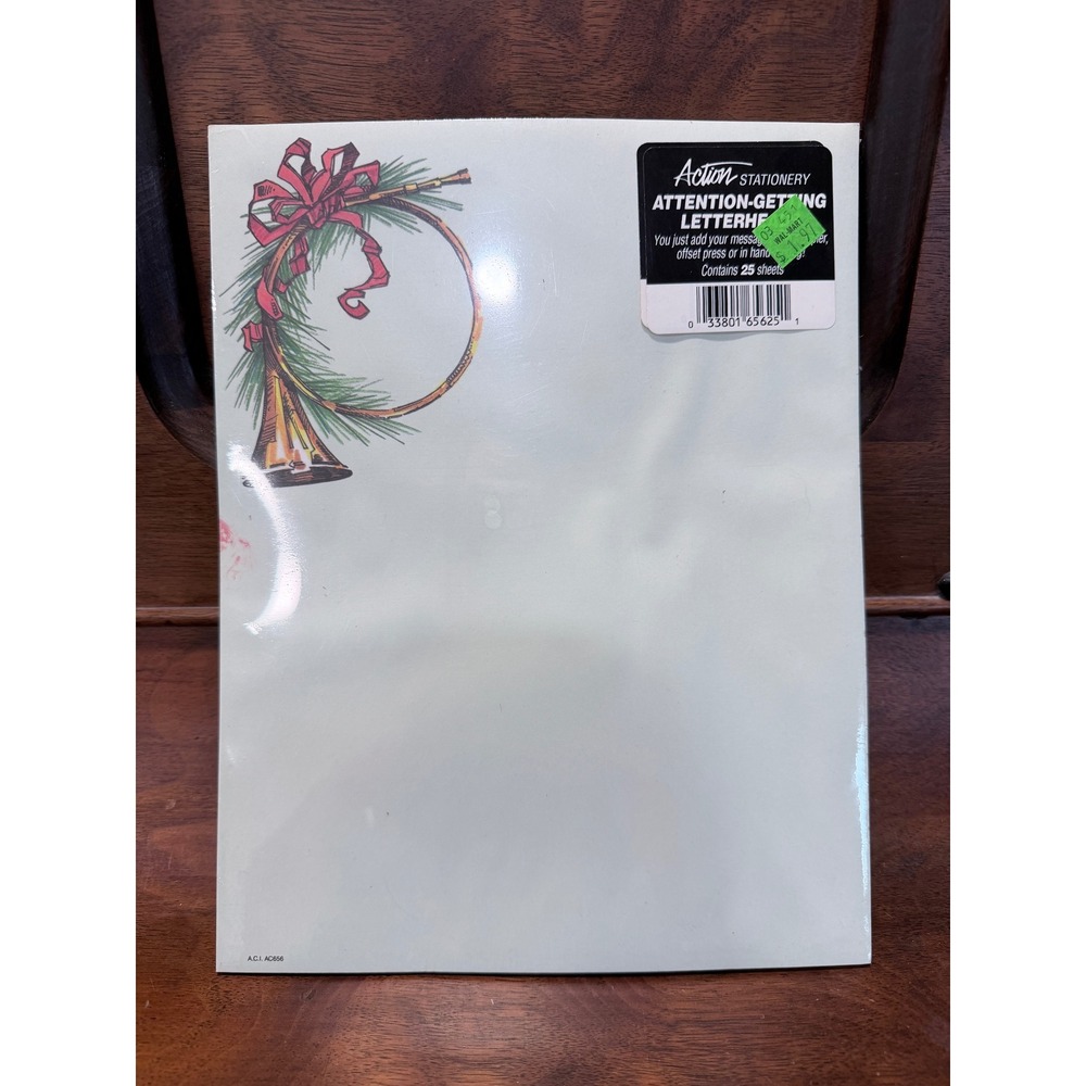 Vintage Action Stationery Christmas Letterhead French Horn Holiday Paper 25 Ct